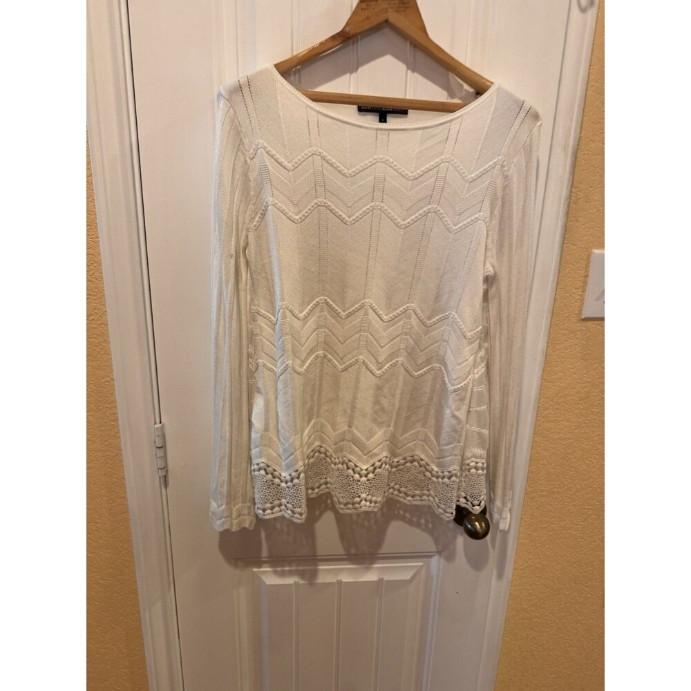 Women’s WHITE HOUSE BLACK MARKET Top MEDIUM ivory Long Sleeve W/Lace Trim - Picture 2 of 16